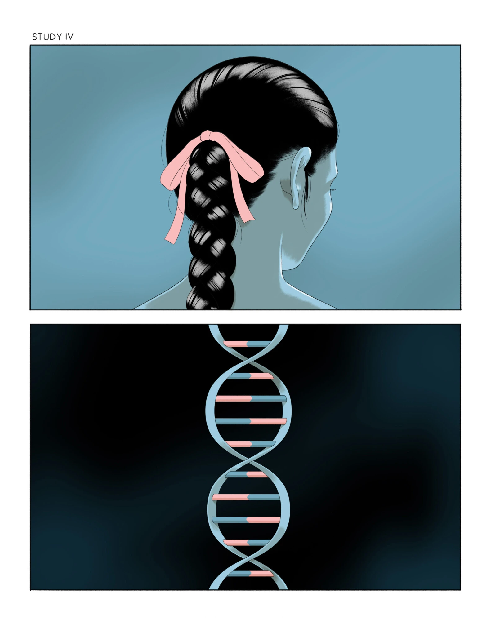 Split illustration of a woman with a braid turning into a DNA strand. 