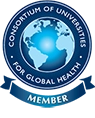 The logo for the Consortium of Universities for Global Health (CUGH) has a globe in the center with a blue color throughout.