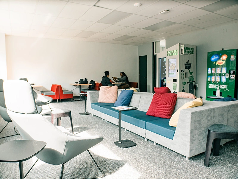 Students enjoy a break at the student lounge in the Royal Ave Building which is provided for the physical therapy program.