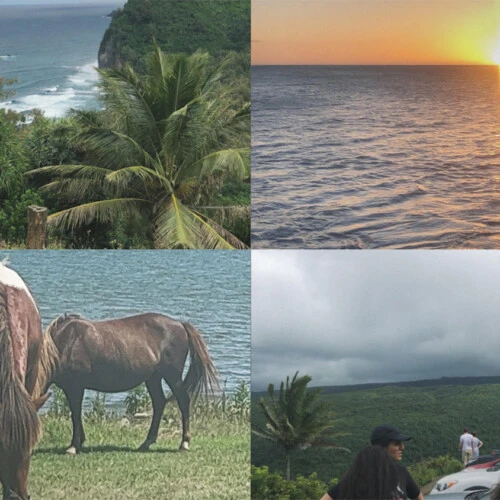 A collage of landscape photos from Hawaii and Ocean City, New Jersey taken by Jamai Vann ’28.