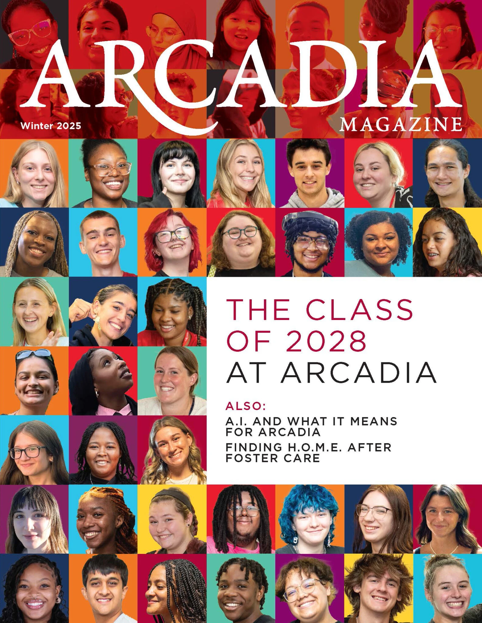 The front cover of the Arcadia Winter 2024 issue shows the class of 2028.