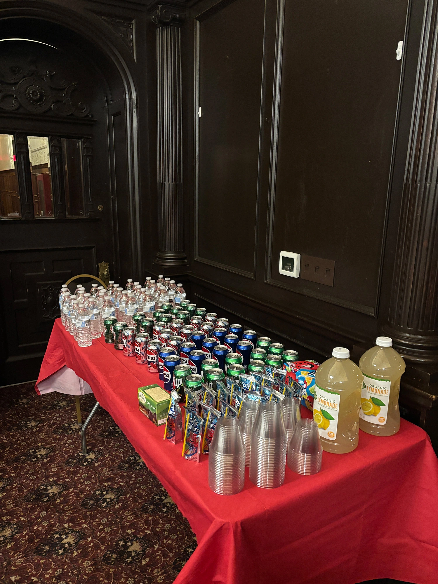 A table of drinks from the Home Away From Home Thanksgiving Dinner.