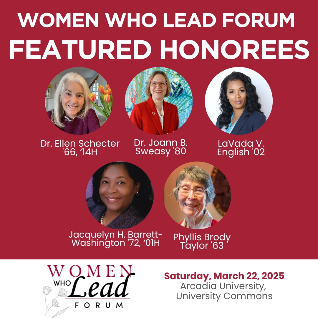 A 5th Annual Women Who Lead Forum event graphic showcases five honorees: Jacquelyn H. Barrett-Washington ‘72, '01H; Phyllis Brody Taylor ’63; Dr. Joann B. Sweasy ’80; Dr. Ellen Schecter ‘66, '11H; and LaVada V. English ’02.