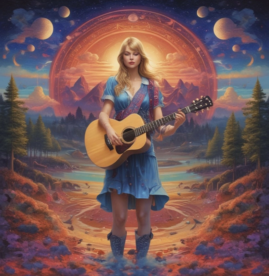 An AI-generated image of Taylor Swift in which she wears a blue dress and holds a guitar while standing in a colorful forest