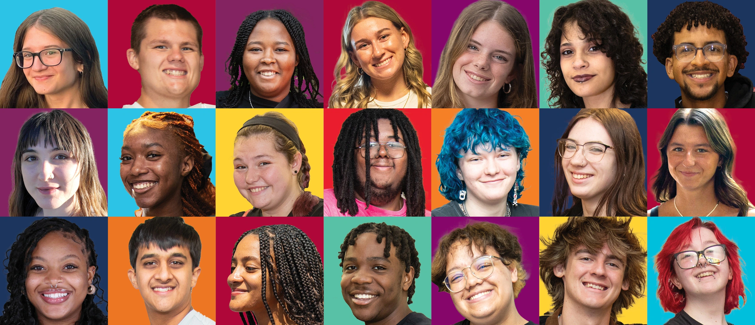 A collage of 21 undergraduate student faces is part of the cover for the 2024 Arcadia Magazine.