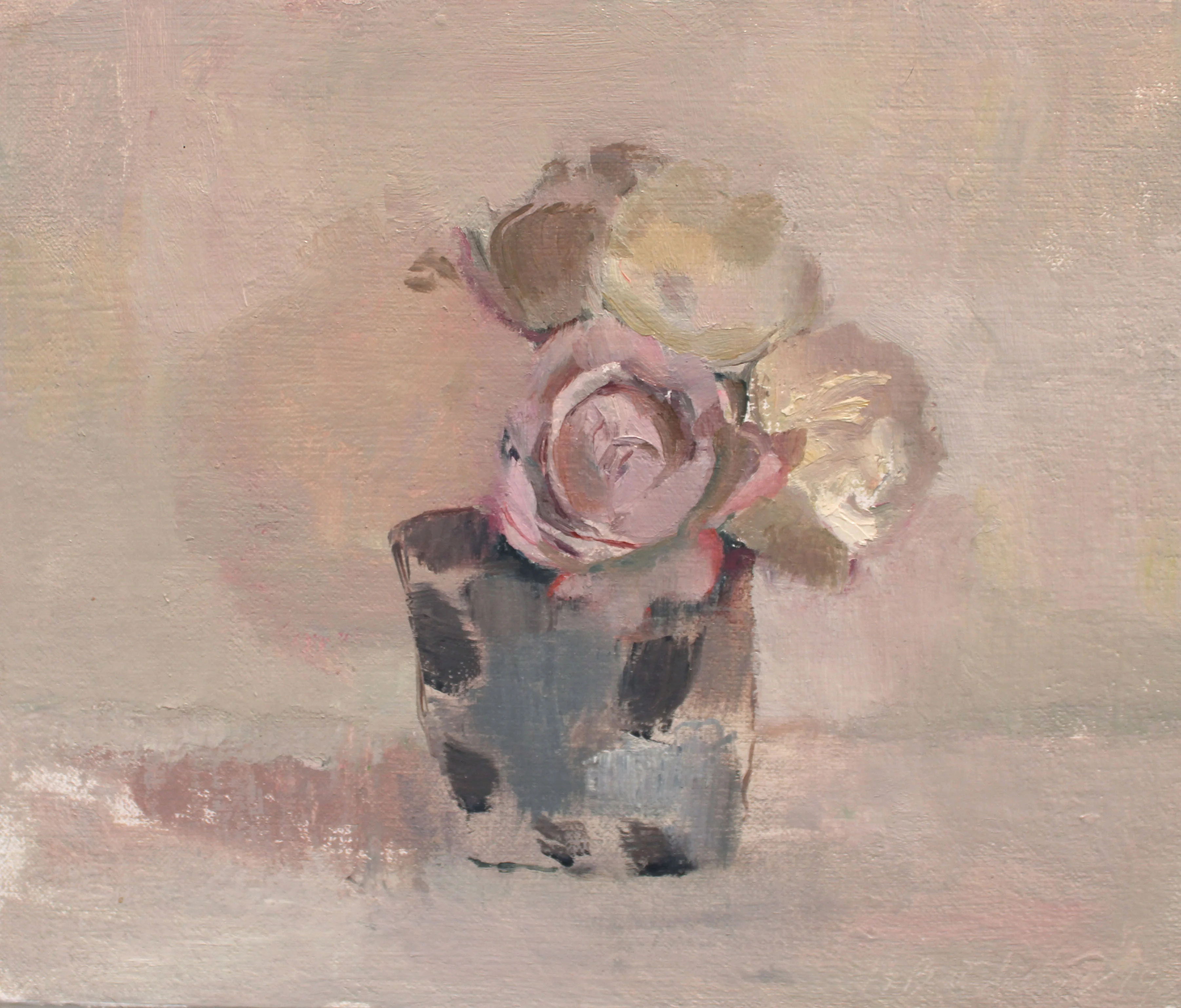 Painting of roses in a spotted cup by Betsey Batchelor.