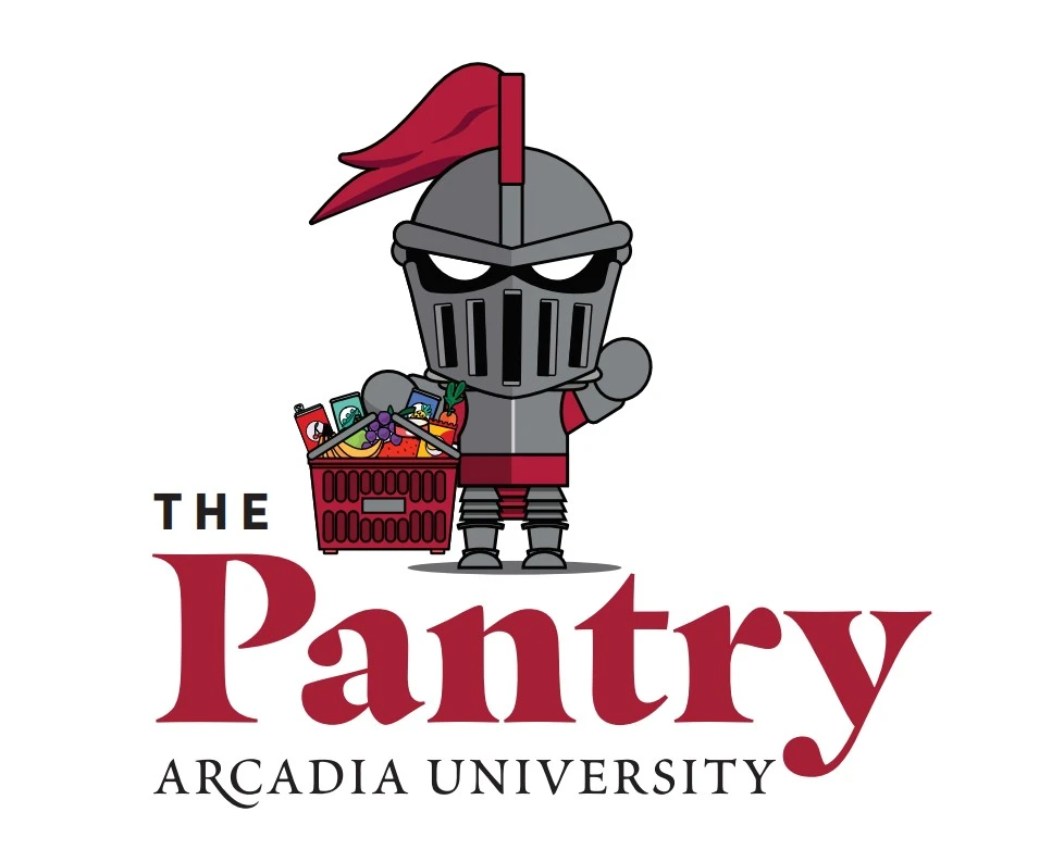 A caricture of Archie, Ardia University's mascot, stands and holds a shopping backet full of food for the Pantry logo.