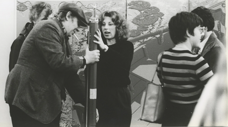 View of students installing "Jack Beal: Prints" in 1980.