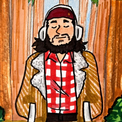 An illustration of Corin walking in the woods.