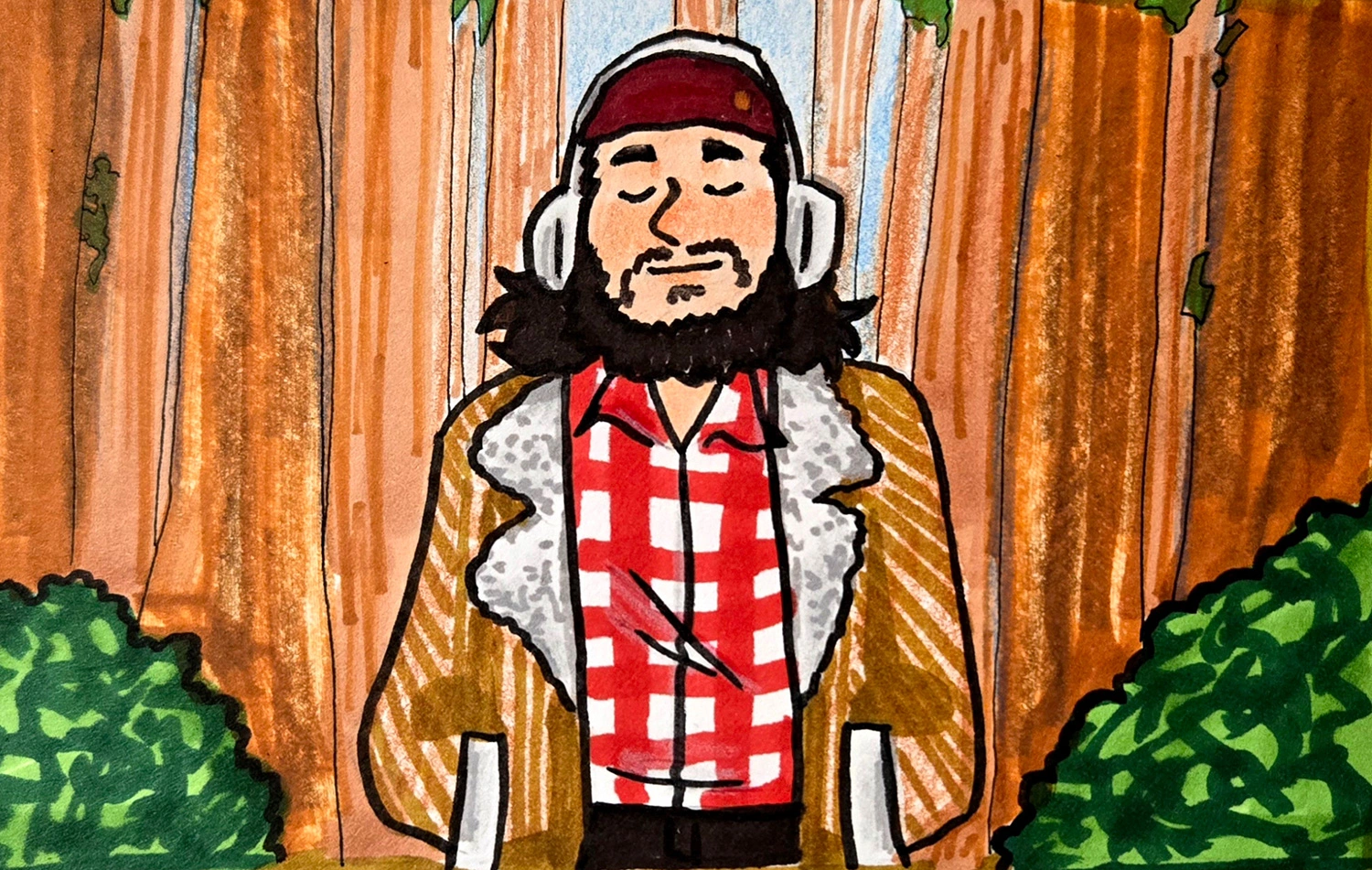 An illustration of Corin walking in the woods.