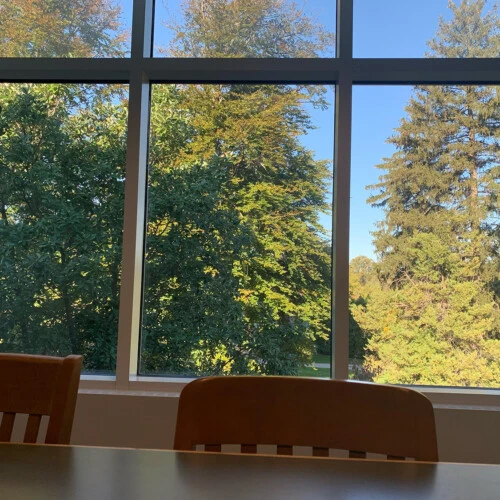 The view from one of Landman Library's study rooms.