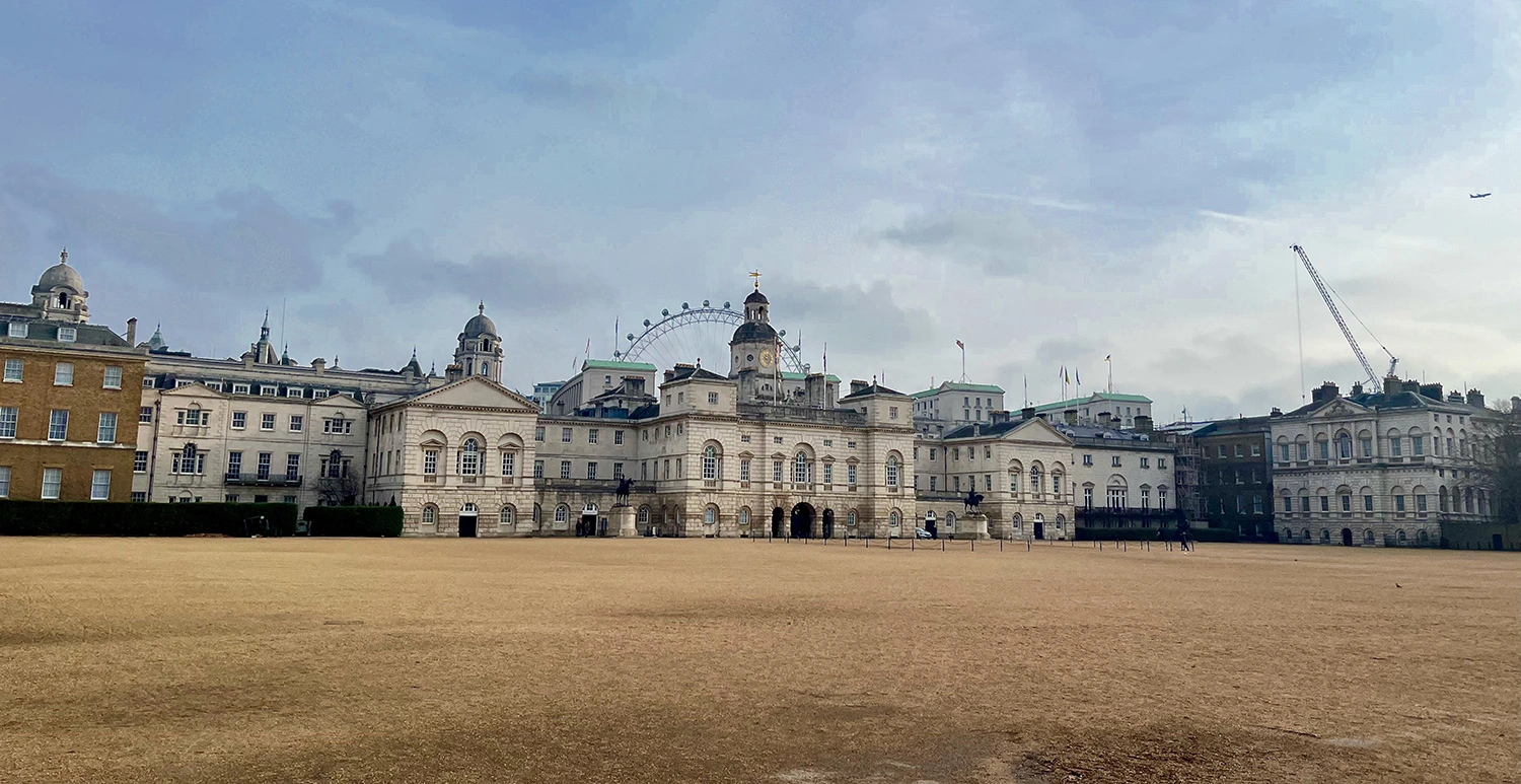 The Royal Mews, Buckingham Palace’s horse stables, with the London Eye visible in the back.