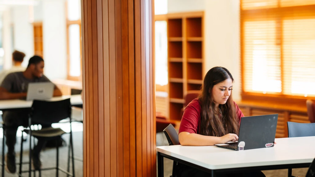 A student works alone on a laptop in large brightly lit work area on campus.